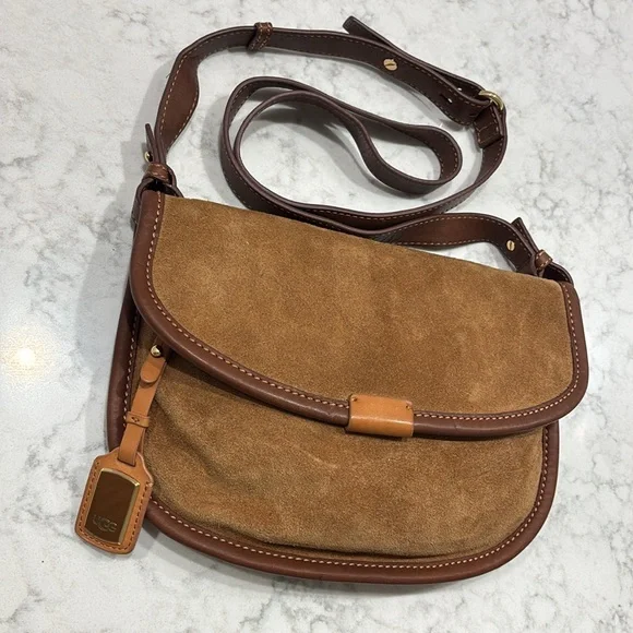 UGG Australia Brown Tan Leather Suede Crossbody Messenger Purse - Picture 3 of 10
